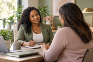 HR advisor providing confidential workplace guidance during an individual consultation.