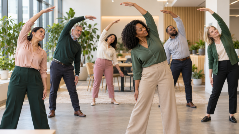 Diverse employees participating in a workplace wellness and mobility session
