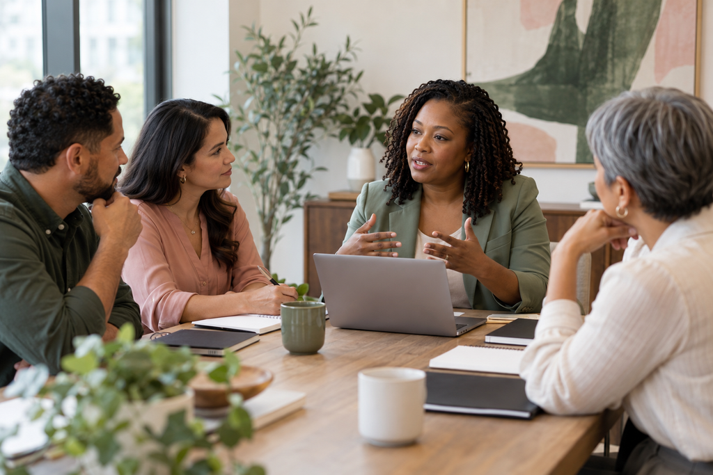 HR consultant facilitating a leadership discussion